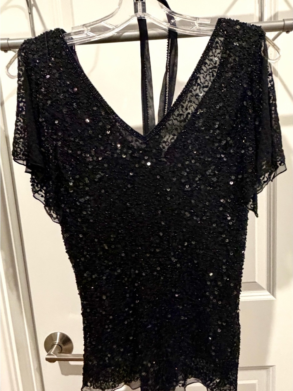 Papell Boutique Black Sequin V-Neck Blouse with Sheer Flutter Sleeves